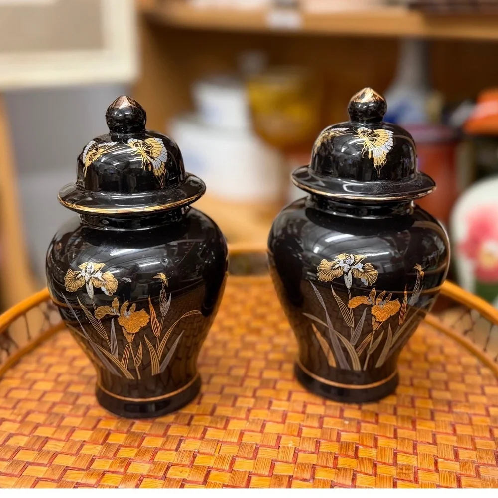 Vintage Pair Black Porcelain Ginger Jars Gold Silver Iris Butterfly Japan 6in
